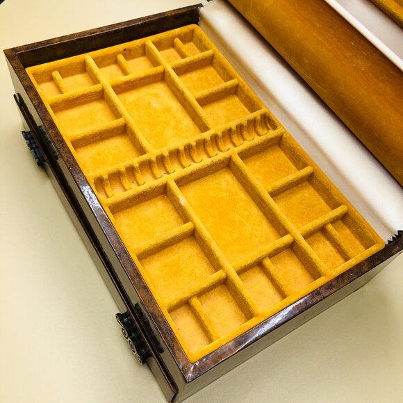 Vintage 60s Jewelry Chest Dresser Box with Drawer: Brown Vinyl Orange Lining - Picture 3 of 10